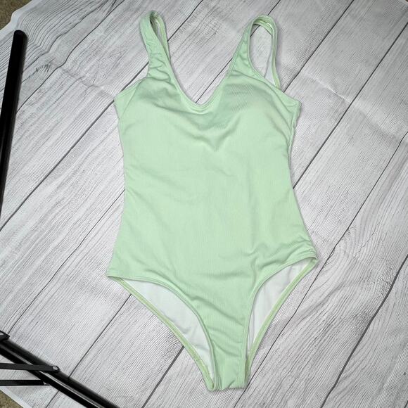 Zaful Sage Green Crinkle Ribbed One Piece Deep Scoop Neck One Piece Swimsuit S - Picture 5 of 8